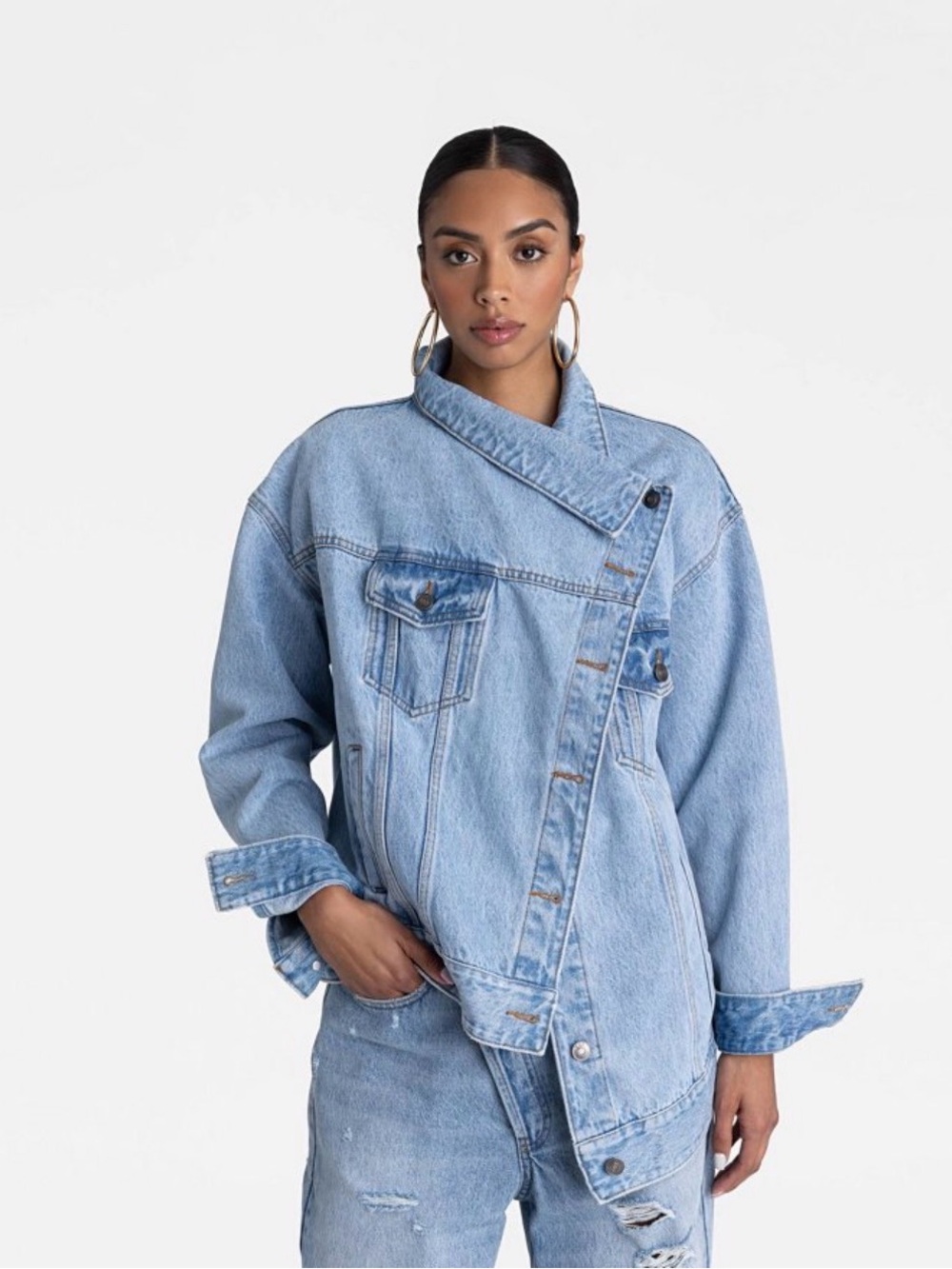 NWT KBB Oversized Light Blue Denim Jacket Asymmetric Front Medium